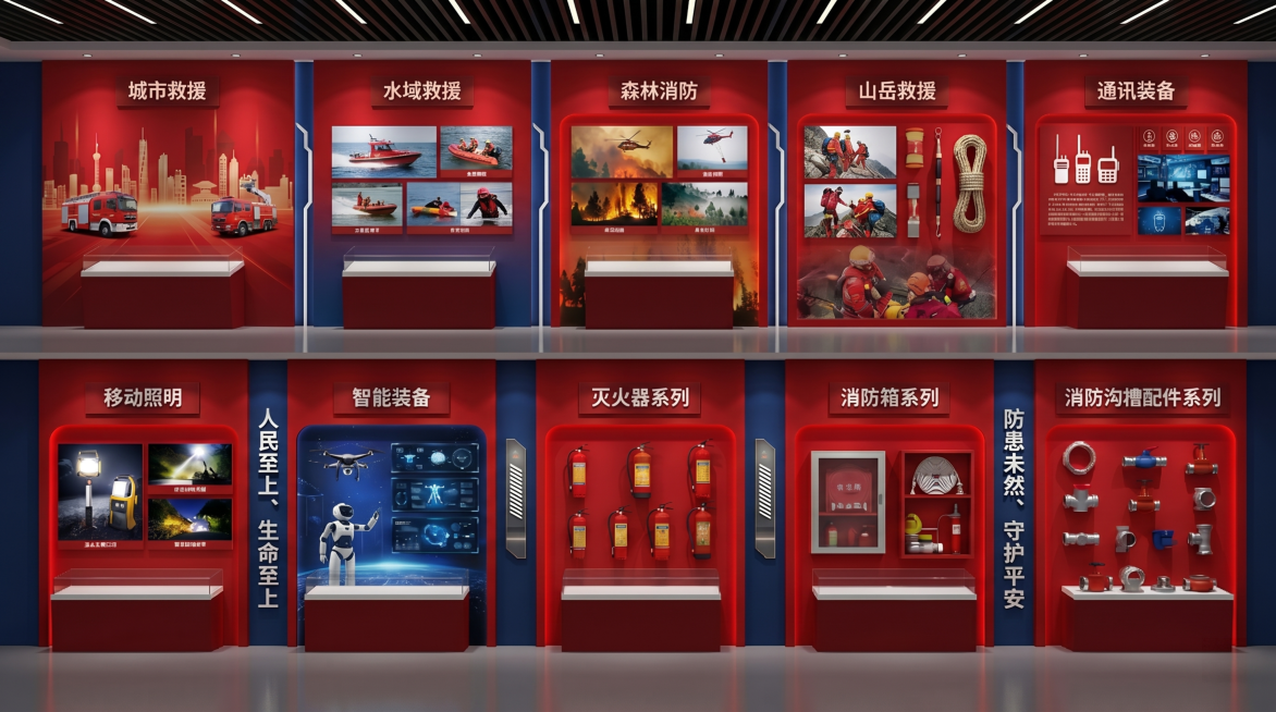 在展厅文化墙的蓝色立柱区域（左右两侧深蓝色竖条区域）添加消防标语：'人民至上、生命至上' 和 '防患未然、守护平安'，字体为白色粗体无衬线字，居中排布，上下两行，适当留白，与整体红色主调协调，不遮挡原预览效果