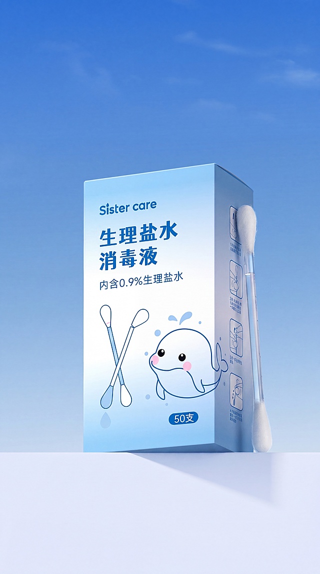 重新渲染这张图像，保持场景不变，让产品与场景完美融合，调整产品光影、投影，使光影与场景光线一致，让画面效果自然真实，保持原来场景色调，OC高级渲染，竖着立起来的那根棉签，杆部是PP半透明材质，内部是无色生理盐水，高端广告商业摄影作品，超清4K
