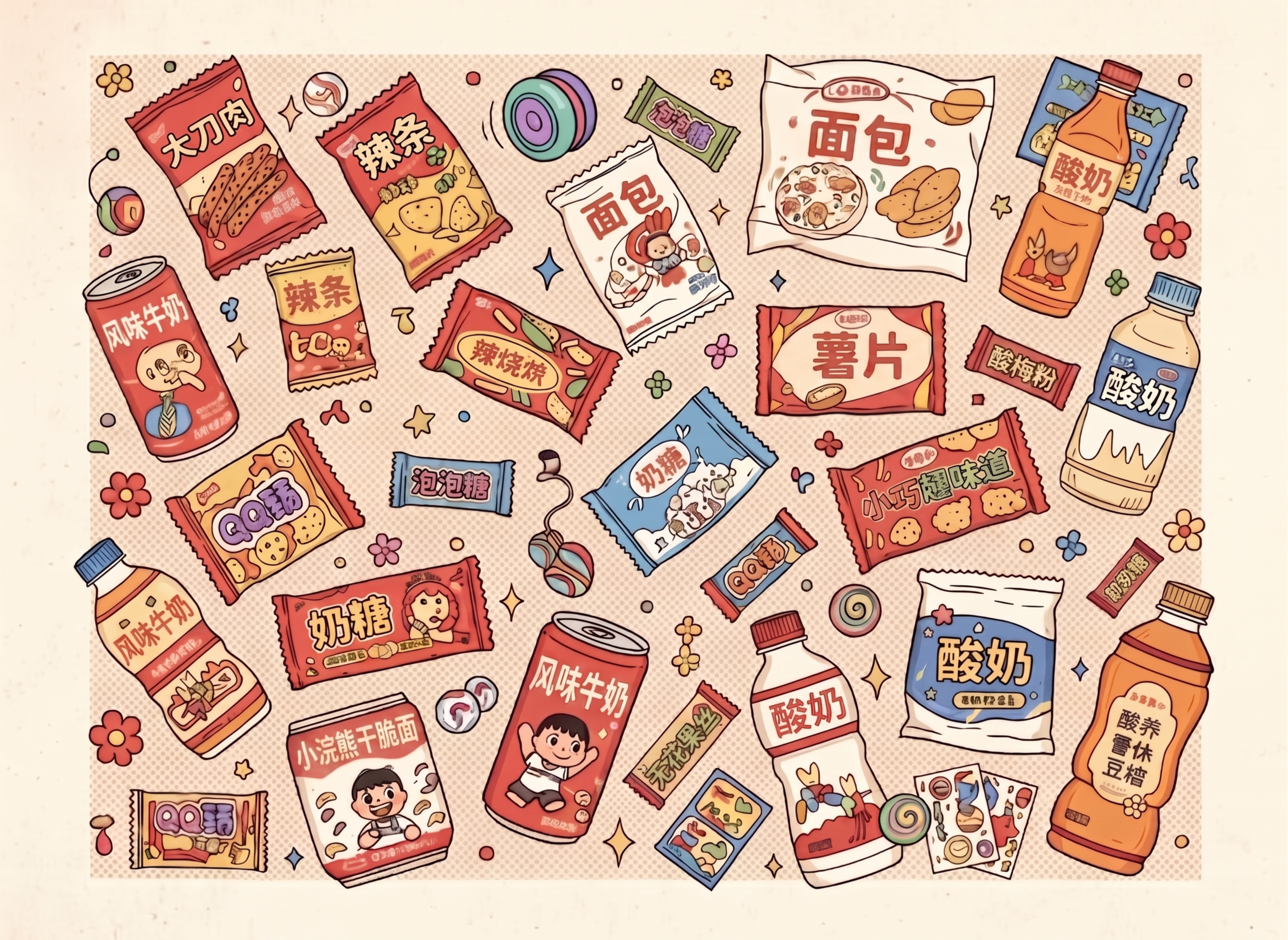 在保持原图复古怀旧插画风格与构图不变的前提下，将图中所有包装上… - 图片创意预览