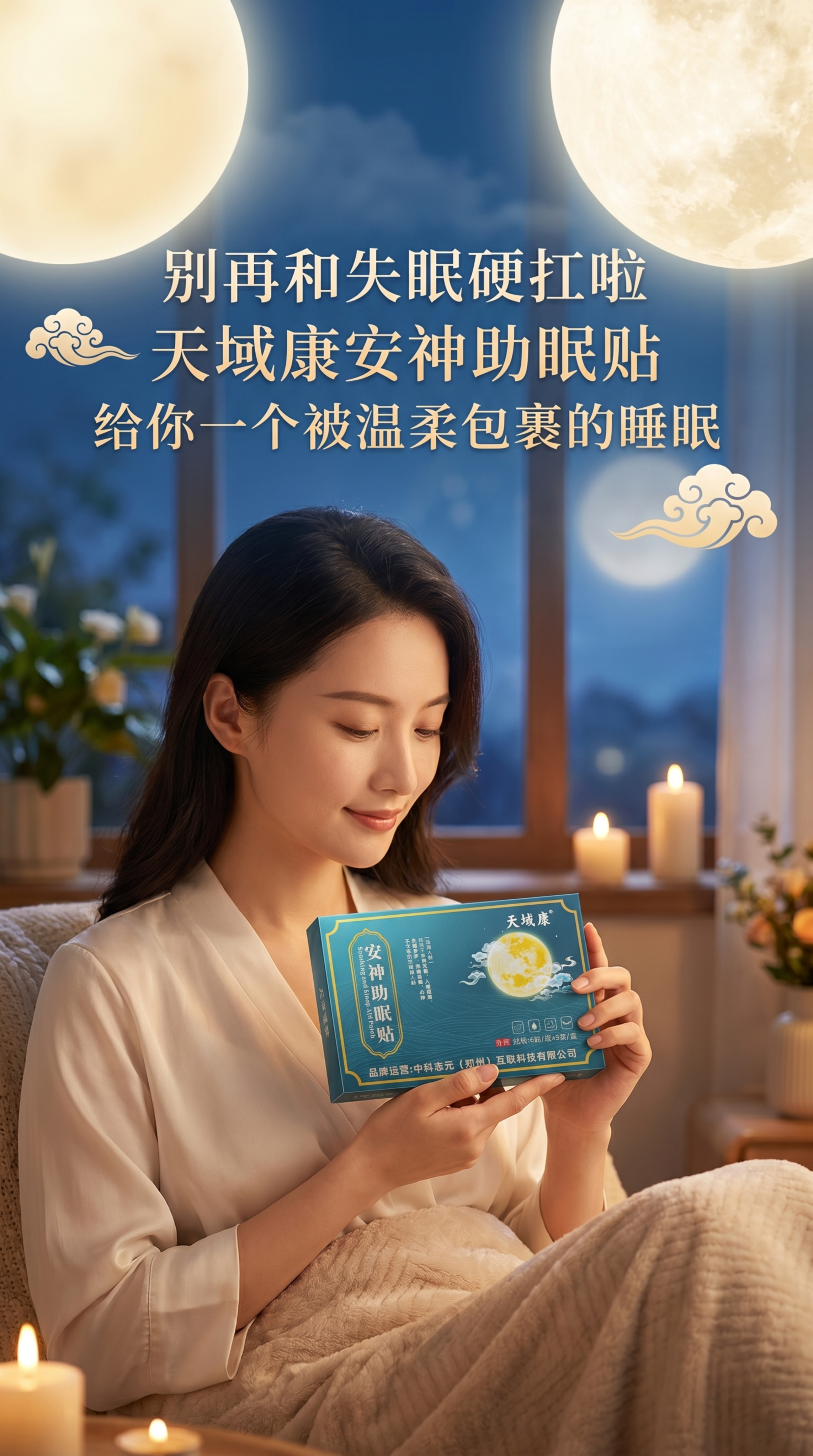 9:16竖版产品宣传海报，一位温柔优雅的美女手持天域康安神助眠… - 图片创意预览