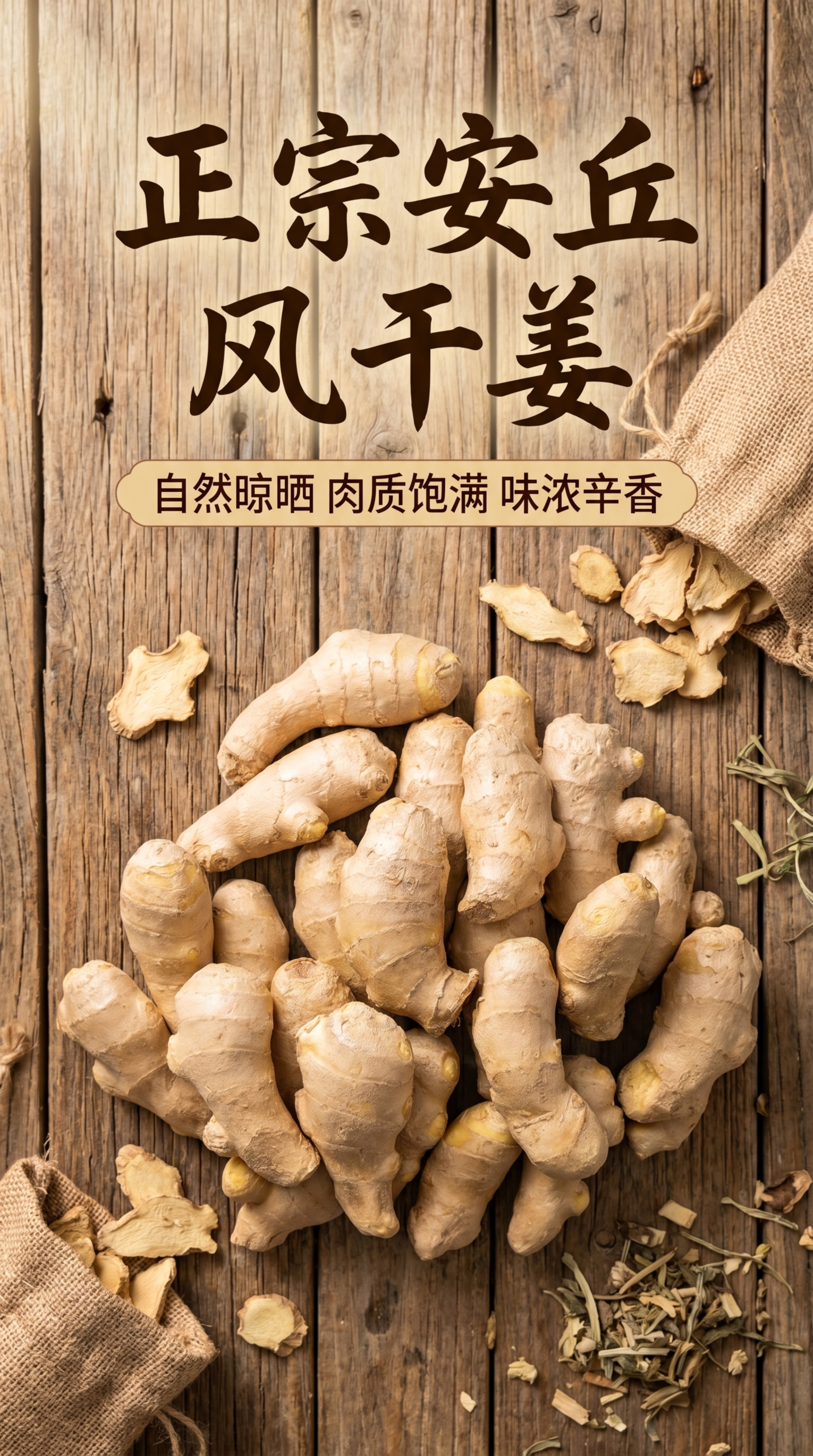 电商风干姜详情页首屏海报，展示整堆新鲜风干大姜，木质背景， r… - 图片创意预览