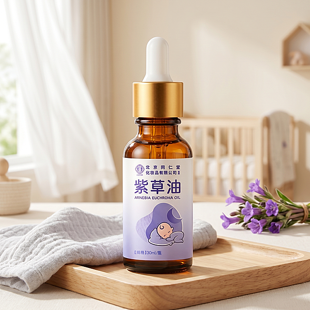 北京同仁堂紫草油婴儿护肤精油瓶，棕色玻璃瓶配金色滴管盖，保持产品外观和瓶身文字信息完全不变，保持物理结构绝对不变，严禁扭曲变形。
平视构图，主体占画面60%，平稳放置在原木托盘上，有清晰接触阴影。
浅奶白色婴儿房背景，原木托盘搭配浅灰色纯棉小方巾，拉开景深。
极高明度低对比漫射光，结合清透自然光，营造温馨治愈氛围。
微风带动窗边白色纱帘轻轻飘动，点缀一小簇新鲜紫草根作为装饰。
商业母婴洗护摄影，4K分辨率，极高材质细节，极致干净明亮，温馨种草风格。严格锁定宽高比为 1:1。