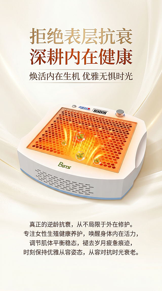 基于提供的女性生殖健康养护仪器产品图制作一张竖版海报，整体风格高端雅致，具有高级质感，海报上方放置主标题"拒绝表层抗衰 深耕内在健康"，主标题下方放置副标题"焕活内在生机 优雅无惧时光"，产品图放置在海报中央位置，产品图下方放置核心内容文案"真正的逆龄抗衰，从不局限于外在修护。专注女性生殖健康养护，唤醒身体内在活力，调节肌体平衡稳态，褪去岁月疲惫痕迹，时刻保持优雅从容姿态，从容对抗时光衰老。"，文案排版舒适清晰，背景简洁高级，突出产品和文案信息，整体具有高级医疗健康的质感