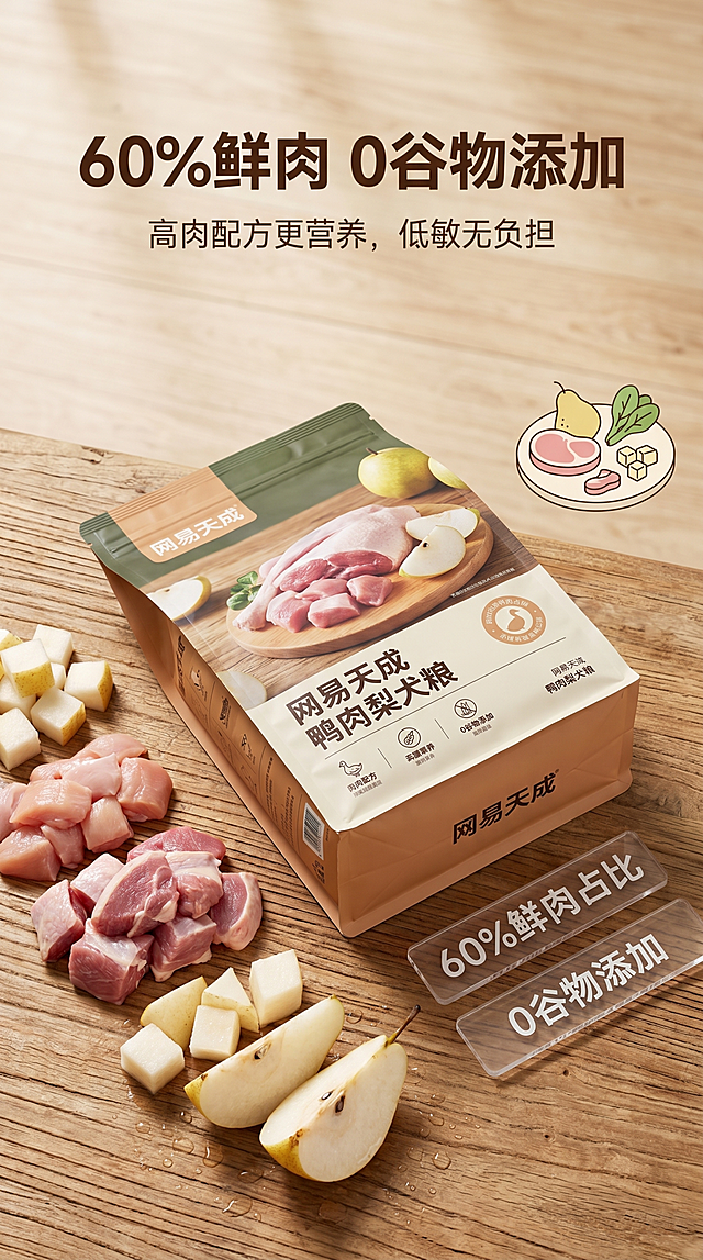 电商详情页第二屏，主文案“60%鲜肉 0谷物添加”居中放大，粗黑深棕色字体，副文案“高肉配方更营养，低敏无负担”在主文案正下方，纤细浅棕色字体，排版居中简洁大气。画面中心是网易天成鸭肉梨犬粮袋身倾斜45°摆放，袋身左侧依次摆放新鲜鸭肉块、鸡肉块、雪梨块，右侧用透明亚克力悬浮数据标标注“60%鲜肉占比”“0谷物添加”。背景为原木色桌面，斜向对角线构图，主体突出，食材与产品呼应，右侧点缀一个新鲜食材摆盘的简约场景小插画。高清8K分辨率，鲜肉纹理清晰，雪梨块切面水珠饱满，产品袋身包装细节清晰，暖调自然光，色调柔和，食材颜色还原真实，整体画质细腻有质感。竖版构图适合电商详情页展示。