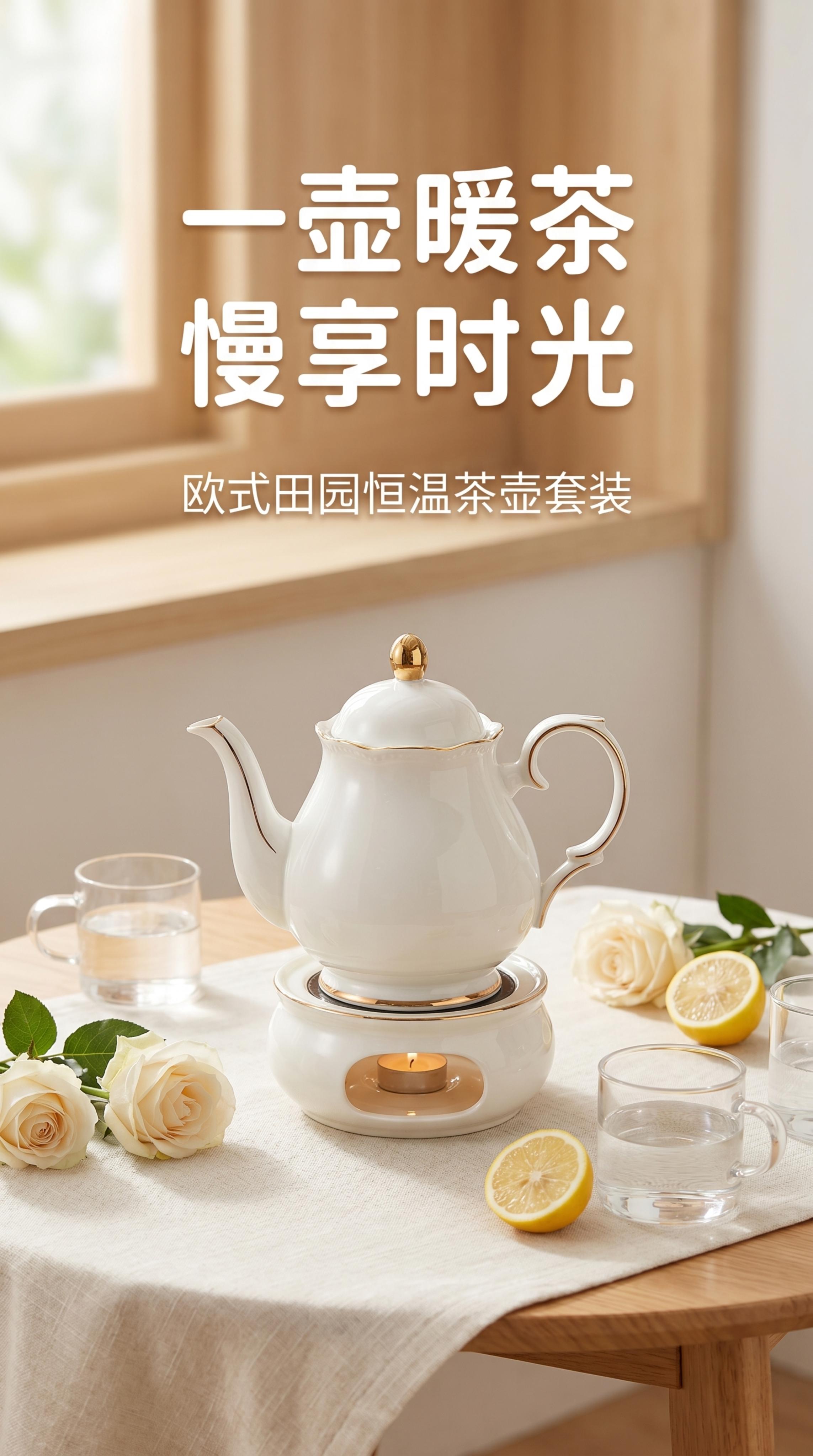 清新自然风实景拍摄，桌面铺米白色亚麻桌布，欧式田园恒温茶壶套装… - 图片创意预览