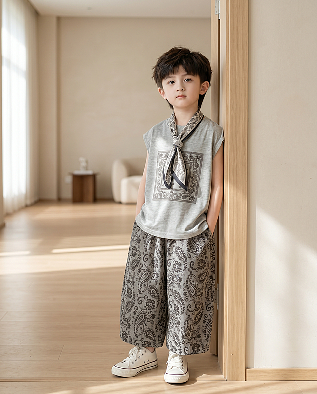 保持小男孩儿童服装保持物理结构绝对不变，保持小男孩插兜站立姿态不变，换时尚简约室内背景，浅木色空间搭配米色墙面，拉开景深。柔和漫射窗光，低对比度，阴影极淡，画面明亮干净。小男孩自然倚靠门框，光斑洒在身上，与环境自然互动。商业高端时尚摄影，4K分辨率，极高材质细节。保持 4:5 比例。西方面孔,金发,深眼窝,雀斑,杂乱房间,死黑阴影,硬光,乡村风,高对比度,欧美妆容,塌陷,扭曲,划痕,线头,比例失调,模糊,畸变,透视错误,同类商品