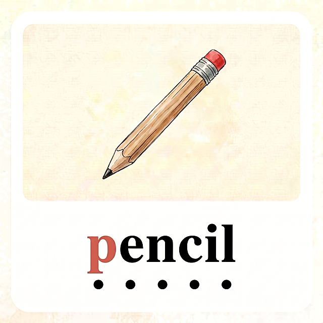 基于 image1（https://dify-grsai.dancf.com/images/3259028c456e40228433a67a7711d6b3.png）模板，生成 'pencil' 单词卡：
- 背景：带肌理标准米黄 #F9F0E0，圆角白卡框，无装饰，与 image1 完全一致
- 中间插图：手绘木质铅笔，水墨淡彩风格，纹理自然，契合教材调性
- 下方单词：'pencil' 居中，首字母 'p' 陶土红 #A52A2A，其余字母黑色粗体，字体大小与 image1 一致
- 标注要求：在字母 p、e、n、c、i、l 每个字母正下方，各添加一个实心黑色小圆点，圆点尺寸与 image1 中一致，六个圆点底部水平对齐，间距均匀
- 尺寸 1080×1080，4K，极简新中式风格，与全系列完全统一
