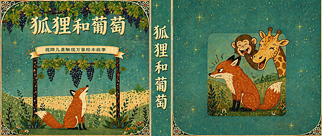 将图1（封面）和图2（封底）拼接，在两者中间加入一个2×17尺寸的书脊，整体生成一张总尺寸为36×17的横幅图片。书脊上添加竖排文字"狐狸和葡萄"，字体风格需要保持和原图一致，整体色调和插画风格统一。