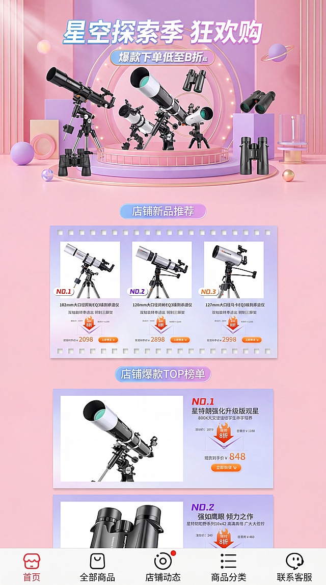 手机端电商望远镜店铺首页，类似参考图风格，顶部促销banner展示多款望远镜，下方有产品推荐区块，粉色紫渐变清新配色，整体布局支持编辑产品信息