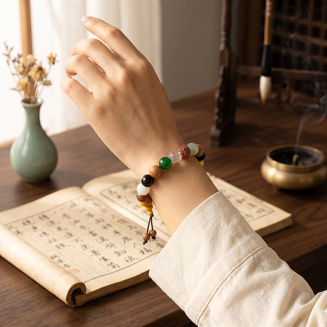 【主体保护指令】请保持参考图 1 中的【前景模特与服装整体】一致，包括模特面部 / 身体 / 发型 / 表情 / 眼神 / 姿态 / 肤色（面部与身体肤色高度一致）/ 服装款式与一切细节，画面景别 / 构图 / 模特比例 严格按参考图 1 原样保留，不做任何改动或重新生成。背景场景替换为新中式文人书房，并保持光影衔接。
新中式文人书房场景：古朴雅致中式木桌，深胡桃木纹理，桌面摆放展开卷轴古籍、青瓷小花瓶、笔架与毛笔、一盏素雅铜香炉；背景虚化处理，呈现低饱和度暖色调，午后自然光从左侧窗棂斜入，柔和温暖；浅景深突出手串主体。
主光从左前方45°斜入，与原图光照方向一致，暖调柔光均匀照亮手腕与手串，手串与皮肤接触处有自然浅淡阴影；背景虚化但保留木质纹理与器物轮廓层次，避免完全模糊失真；整体氛围宁静闲适，国风美学拉满。
商业高级摄影质感，4K分辨率，画面清晰锐利。
严格锁定宽高比为 1:1。
负向提示词：变形，水印，文字错乱，产品图模糊，背景杂乱，遮挡主体，肤色不一致，穿模，悬浮感