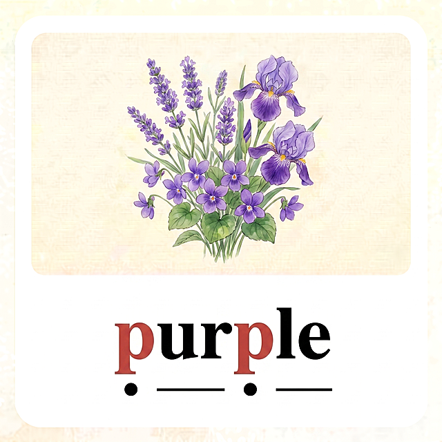 基于 image1（https://dify-grsai.dancf.com/images/3259028c456e40228433a67a7711d6b3.png）模板，生成 'purple' 单词卡：
- 背景：带肌理标准米黄 #F9F0E0，圆角白卡框，无装饰，与 image1 完全一致
- 中间插图：手绘紫色花束，水墨淡彩风格，清新自然
- 下方单词：'purple' 居中，**第一个字母 p 和第四个字母 p** 均为陶土红 #A52A2A，u/r/l/e 为黑色粗体，字体大小与 image1 一致
- 标注要求：第一个 p 正下方加一个实心黑色小圆点，第四个 p 正下方加一个实心黑色小圆点，ur 下方加一条黑色横线，le 下方加一条黑色横线；所有圆点底部与两条横线底部保持水平对齐，圆点尺寸与 image1 一致
- 尺寸 1080×1080，4K，极简新中式风格，与全系列完全统一