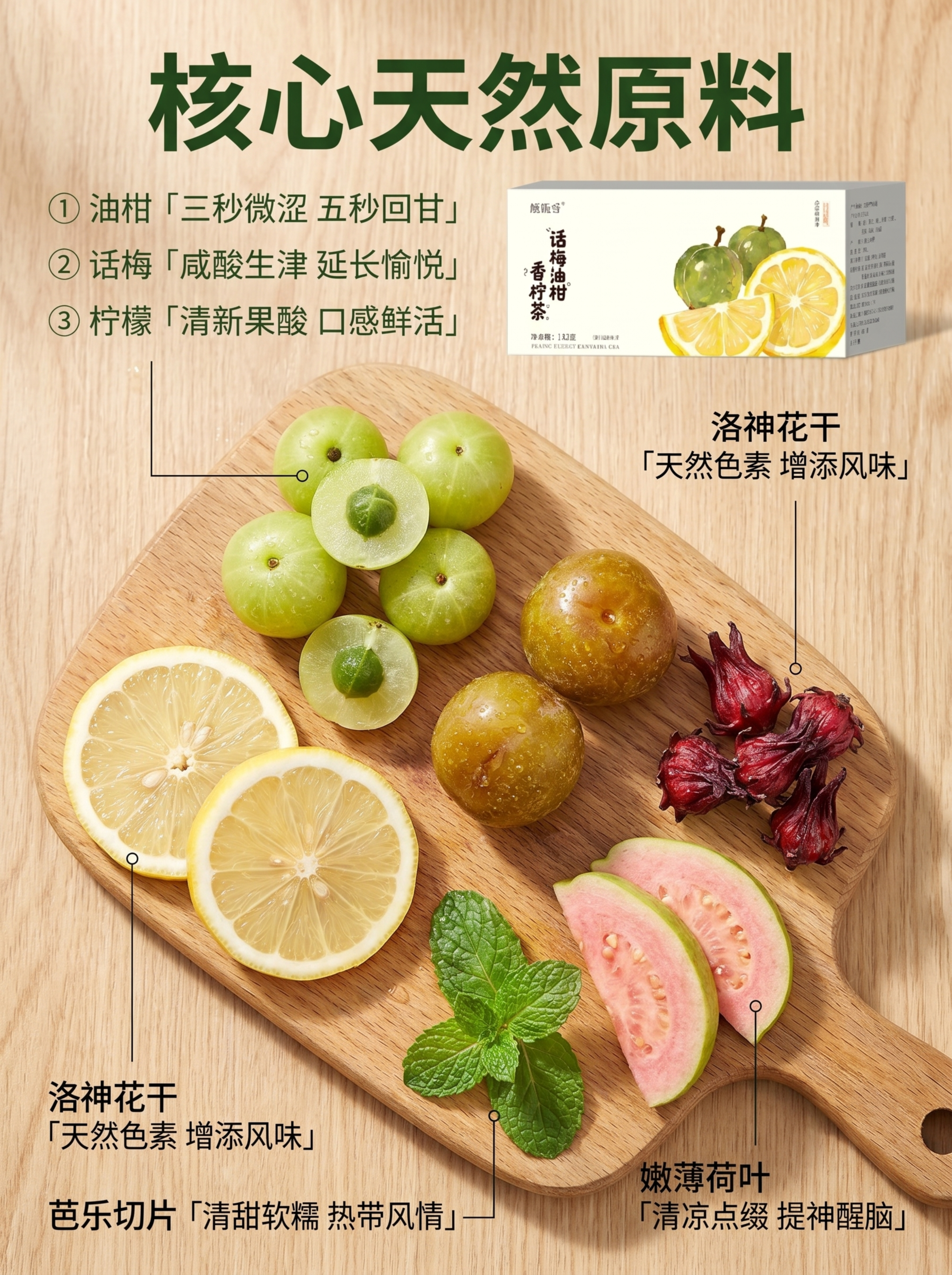 [主图 2] 话梅油柑香柠茶核心原料超写实展示，百分百实物拍摄… - 图片创意预览