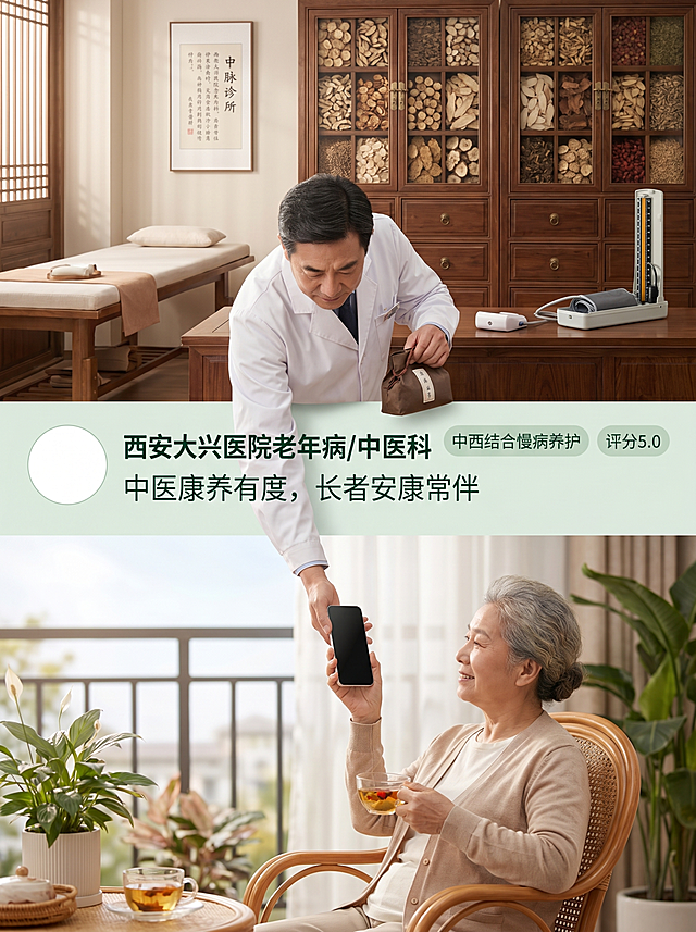 三段式结构叙事海报，写实商业广告风;画面上半部分(40%):医院老年病/中医科诊室，中医诊疗床、脉诊桌、中药柜（摆放中药饮片）、血压监测仪依次摆放，环境古雅简约，暖光柔和，真实还原中医诊疗场景；画面中部(20%):社交媒体界面(通栏分割上下两个真实场景)，包含:圆形logo头像（留白）。用户名:西安大兴医院老年病/中医科。文字"中医康养有度，长者安康常伴"，右上角两个标签"中西结合慢病养护""评分5.0"，浅墨绿色底、墨绿色字。简洁、纯白、现代风格;一位老年病/中医科医生弯腰俯身，上半身跨越界面从诊室延伸到底部场景，身穿白大褂，手持脉诊包，一只手向下伸去与画面底部长者共同握住同一台手机，手机画面息屏;画面底部(40%):居家养生场景，一名老年长者坐在阳台藤椅上，一手接过医生递来的手机，另一只手端着养生茶，表情安详舒缓，身边摆放养生盆栽，背景为虚化的阳台景色，暖柔自然光洒落;整体光影真实柔和，室内自然光自然过渡，细节丰富（中药饮片纹理、藤椅质感、养生茶细节），高级广告质感。整体参考参考图的三段式穿屏创意结构。