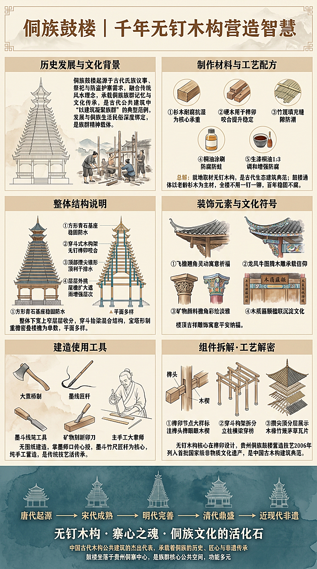 贵州侗族鼓楼知识科普海报，9:16竖向全屏，纯正中国风，淡墨水彩质感，细线条建筑线稿+低饱和水彩淡染结合，画风统一简约高级，上中下三段式对称规整结构。全局浅米白基础底色，六大内容分区各自淡米白底色+细微水彩纹理，分区清晰。主色调：米白、原木色、深青色、赭石色，结构文字标注深青色，主标题原木色加粗，辅助文字赭石色。主题：展现侗族鼓楼千年无钉木构营造智慧与非遗价值。上段顶部居中，古宋体原木色加粗主标题“侗族鼓楼｜千年无钉木构营造智慧”，搭配淡国风纹理。中段核心六大分区双列三行排布，每区顶部居中分区标题：左上标题“历史发展与文化背景”，绘古制鼓楼立面线稿和侗族工匠建楼线稿，文字：侗族鼓楼起源于古代氏族议事、祭祀与防盗护寨需求，融合传统风水理念，承载侗族族群记忆与文化传承，是古代公共建筑中“以建筑凝聚族群”的典型范例，发展与侗族生活民俗深度绑定，是族群精神载体。右上标题“制作材料与工艺配方”，五大核心材料配独立水彩图标：①杉木耐腐抗湿为核心承重，②硬木用于榫卯咬合提升稳定，③竹篾填充缝隙防潮，④桐油涂刷防腐防蛀，⑤生漆桐油1:3调和增强防腐。文字总结：就地取材无钉木构，是古代生态建筑典范；鼓楼通体以老龄杉木为主材，全楼不用一钉一铆，百年稳固不腐。左中标题“整体结构说明”，侧视+剖面线稿，分色标注：原木色梁柱、深青色榫卯、赭石色屋面；标注内容：①方形青石基座稳固防水，②穿斗式木构架无钉榫卯咬合，③顶部攒尖锥形顶利于排水，④层层外挑屋檐扩大遮雨增强层次；补充：整体下宽上窄层层收分，穿斗抬梁混合结构，宝塔形制重檐密叠楼檐为单数，平面多样。右中标题“装饰元素与文化符号”，檐下木雕柱头彩绘特写水彩插画；解析：①飞檐翘角灵动寓意祈福，②龙凤牛图腾木雕承载信仰，③矿物颜料檐角彩绘淡雅，④木质匾额楹联沉淀文化；补充：楼顶吉祥雕饰寓意平安纳福。左下标题“建造使用工具”，手绘古风造楼工具水彩插画，斧头修整、墨斗弹线、凿子凿榫场景加掌墨师线稿；文字：无图纸建造，掌墨师口传心授，墨斗竹尺匠杆为核心，纯手工营造，是传统技艺活传承。右下标题“组件拆解·工艺解密”，核心组件拆分线稿：①榫卯节点大样标注榫头榫眼木楔，②穿斗构架拆分立柱横梁穿枋，③攒尖顶分层展示木椽竹篾茅草瓦片；总结：无钉木构核心在榫卯设计，贵州侗族鼓楼营造技艺2006年列入首批国家级非物质文化遗产，是中国古木构建筑典范。下段占整体1/6：低透明度深青色水彩底纹，淡赭石色时间轴：唐代起源→宋代成熟→明代完善→清代鼎盛→近现代非遗，配迷你鼓楼线稿；居中原木色加粗古宋体标语“无钉木构 · 寨心之魂 · 侗族文化的活化石”，下方赭石色小字“中国古代木构公共建筑的杰出代表，承载着侗族的历史、匠心与非遗传承”，补充说明：鼓楼坐落于贵州侗寨中心，是族群核心公共空间，功能多元。参考图片为贵州侗族鼓楼真实样貌，所有建筑细节准确，信息详实文字精炼，风格统一。