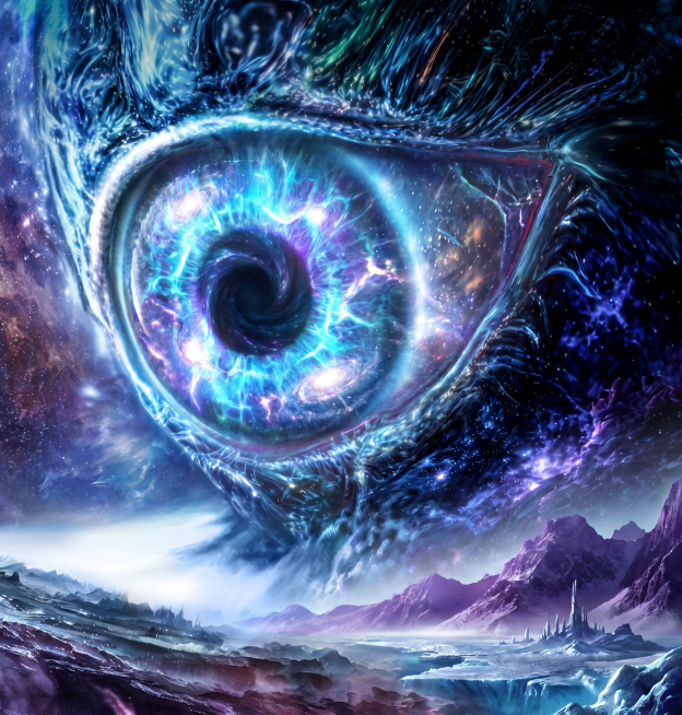 优化图片，让眼睛更加有异形感，增强眼睛的通透度和明亮度，提升整体画面的写实质感，保留原有的宇宙星空山海创意设计预览效果