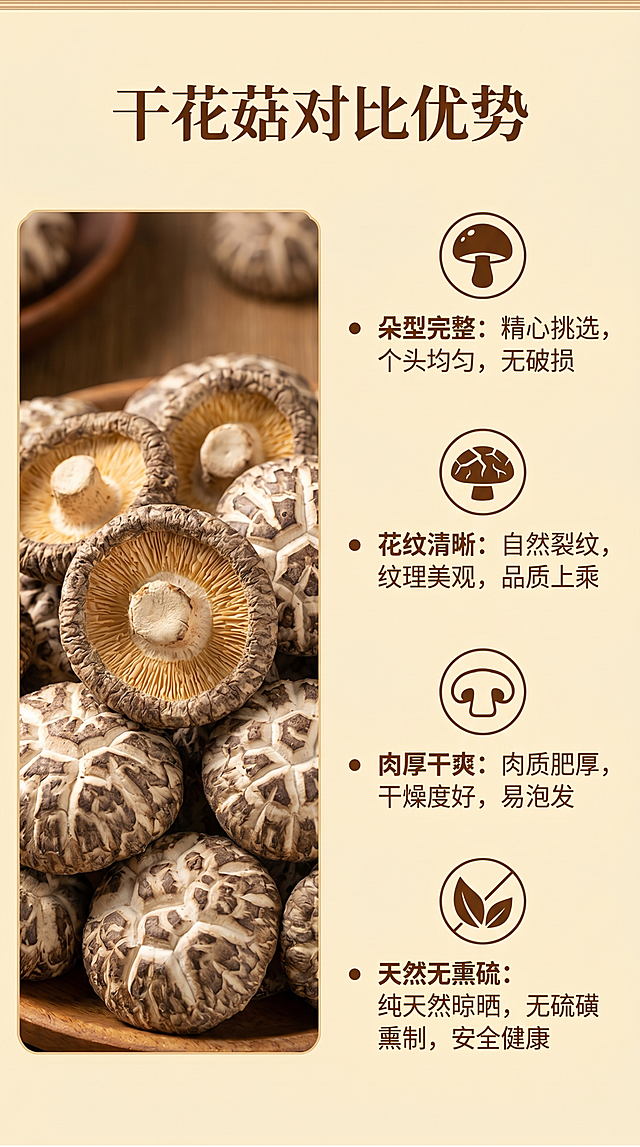 这是花菇电商详情页的第五屏：产品优势对比，标题“干花菇对比优势”，主题突出我们的花菇朵型完整、花纹清晰、肉厚干爽、天然无熏硫，左侧放花菇实物图，右侧分点列优势，整体米黄色暖色调，风格统一，比例9:16。
