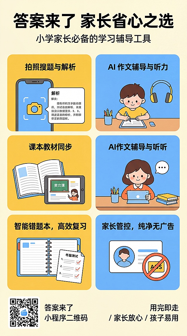 制作宣传答案来了小程序的海报，面向小学家长，风格为明亮卡通插画风，主标题为答案来了 家长省心之选，介绍五大功能亮点，底部预留二维码位置，保持参考图的排版风格