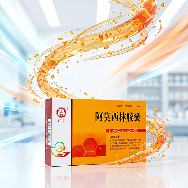 阿莫西林胶囊药品广告宣传商品图，3D渲染，一盒药品放置在视觉底部，展现药品包装，明亮光线，画面充满动态感和清爽感，商业摄影风格，超高清，活力四射，色彩鲜亮