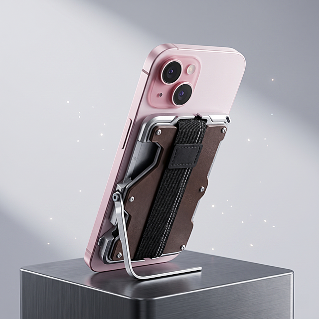 粉色苹果手机搭配银棕色金属卡包支架，产品带有弹力松紧带可插卡片，支架可展开支撑手机，保持产品物理结构绝对不变，接口金属部件严禁扭曲变形。
居中构图，主体占画面70%，平稳放置，拒绝比例失调。
深灰色拉丝金属展台，极简纯色背景，拉开景深。
高对比冷白硬光，侧方向打入，清晰轮廓光，突出产品金属和纹理质感。
点缀悬浮发光粒子，增加科技感，不抢主体。
商业3C摄影，4K分辨率，C4D极高保真渲染，极致材质细节，通透真实。严格锁定宽高比为1:1。