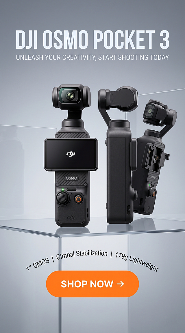 严格还原上传的 DJI Osmo Pocket 3 产品细节：哑光黑机身，保留DJI/OSMO 品牌 LOGO位置、文字内容、可旋转触控屏、云台镜头结构所有细节，产品尺寸约 139.7 × 42.2 × 33.5 mm，重量约 179g。布局为9:16竖屏画布，中间居中放置 DJI Osmo Pocket 3 多角度合成全景特写，包含正面、侧面、云台展开状态，极简浅灰渐变背景，突出产品全貌；中间偏下位置放置超大圆角矩形 CTA 按钮，橙色底色，白色大写文字"SHOP NOW →"，按钮上方环绕核心卖点英文短句"1\" CMOS | Gimbal Stabilization | 179g Lightweight"；顶部和底部留白，聚焦产品与CTA。顶部居中主标题："DJI OSMO POCKET 3"，粗体无衬线大写，超大字号，居中，科技白字体，字重 800；主标题下方副标题："UNLEASH YOUR CREATIVITY, START SHOOTING TODAY"，细体无衬线大写，居中，浅灰色字体，字重 300。风格为欧美高端科技杂志风，整体风格统一高级，无割裂感，冷调科技光影，通透质感，真实产品摄影，无 AI 失真，8K 超高清，锐度拉满，杂志级收官页排版，视觉焦点突出，科技高级感拉满，引导购买。