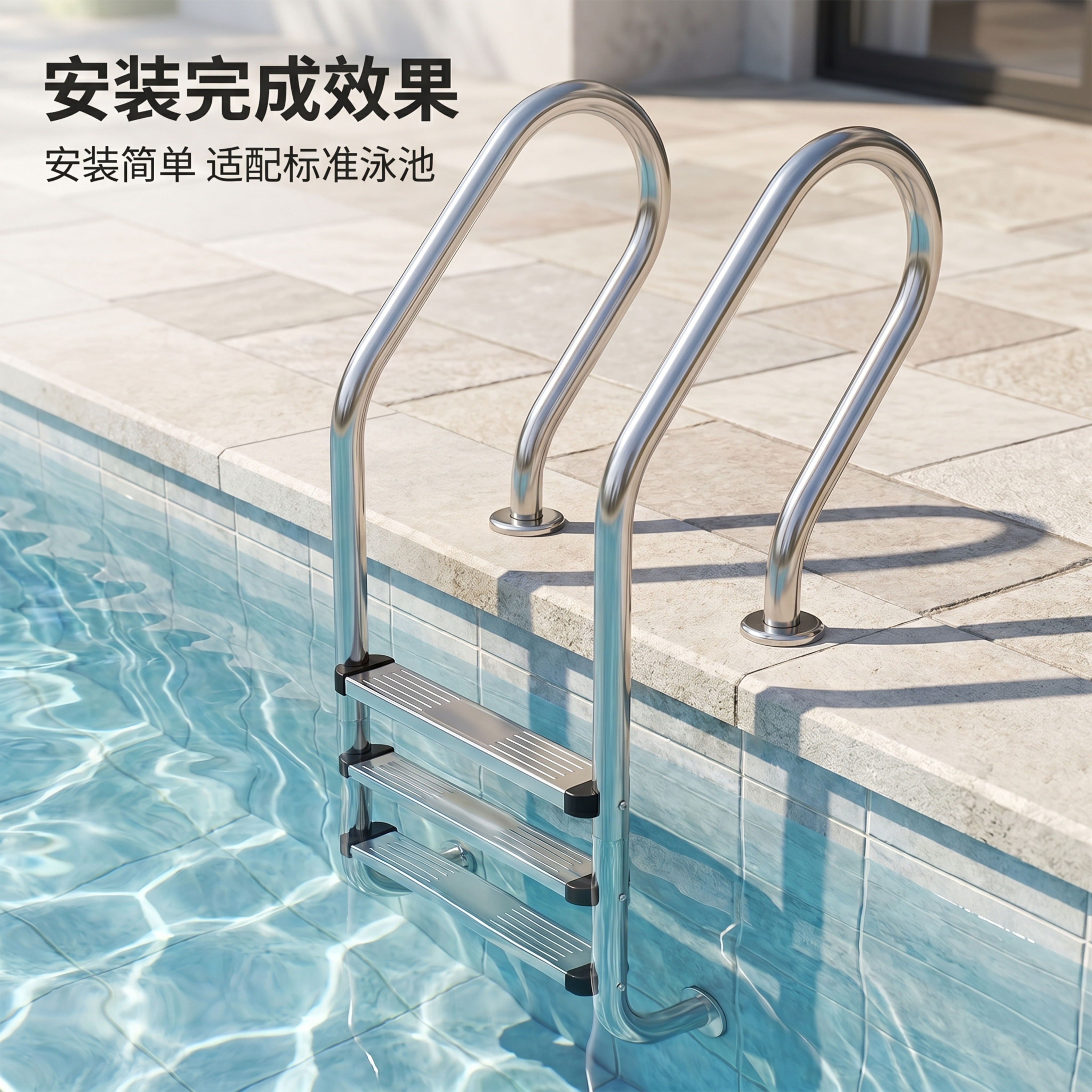 生成全新主图，展示泳池扶梯安装完成实景效果，基于上传白底图保持… - 图片创意预览