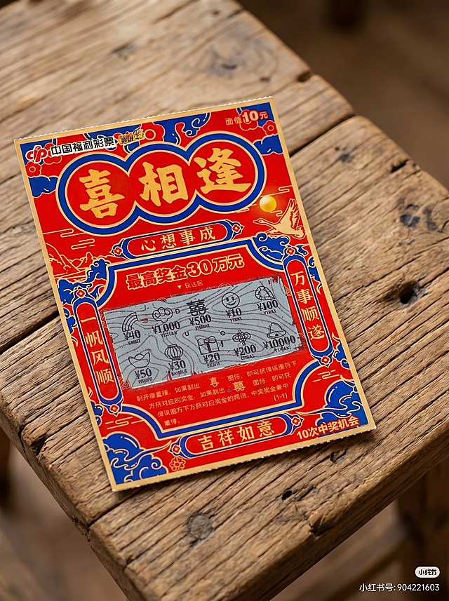 前景的刮刮乐彩票保持不变，将后面的背景改为自然的木质桌子，整体风格和谐自然，不突兀