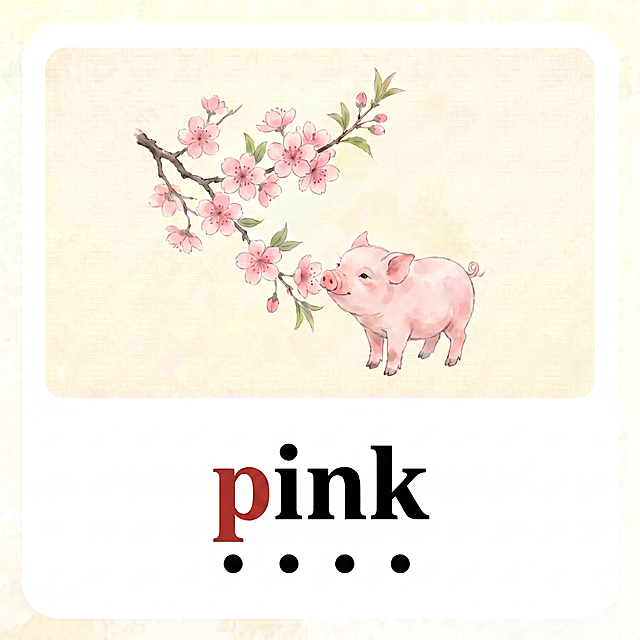 基于 image1（https://dify-grsai.dancf.com/images/fbdfe12baf994bb68778a1b1b767cb86.png），按要求添加拼读标注：
- 在字母 p 正下方、i 正下方、n 正下方、k 正下方，各添加一个实心黑色小圆点，圆点尺寸与 image2（https://dify-grsai.dancf.com/images/3259028c456e40228433a67a7711d6b3.png）中一致
- 四个圆点底部保持水平对齐，间距均匀
- 保留樱花小猪插图、米黄背景、单词颜色（p红/i/n/k黑）完全不变
- 尺寸 1080×1080，4K，极简新中式风格