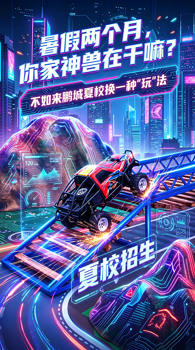 创意海报设计，主题为暑假鹏城夏校招生，在赛博朋克风科技城市背景中，一辆越野赛车正在坡道上冲刺，画面添加文字"暑假两个月，你家神兽在干嘛？不如来鹏城夏校换一种'玩'法"，文字排版醒目有设计感，霓虹赛博科技风格，色彩鲜艳炫酷，充满活力，适合青少年活动宣传海报