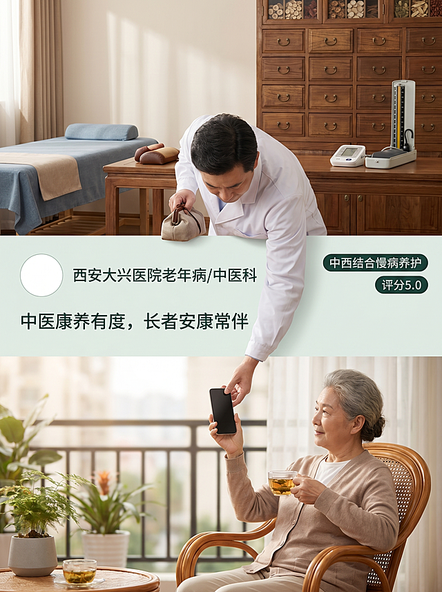 三段式结构叙事海报，写实商业广告风;画面上半部分(40%):医院老年病/中医科诊室，中医诊疗床、脉诊桌、中药柜（摆放中药饮片）、血压监测仪依次摆放，环境古雅简约，暖光柔和，真实还原中医诊疗场景；画面中部(20%):社交媒体界面(通栏分割上下两个真实场景)，包含:圆形logo头像（留白）。用户名:西安大兴医院老年病/中医科。文字"中医康养有度，长者安康常伴"，右上角两个标签"中西结合慢病养护""评分5.0"，浅墨绿色底、墨绿色字。简洁、纯白、现代风格;一位老年病/中医科医生弯腰俯身，上半身跨越界面从诊室延伸到底部场景，身穿白大褂，手持脉诊包，一只手向下伸去与画面底部长者共同握住同一台手机，手机画面息屏;画面底部(40%):居家养生场景，一名老年长者坐在阳台藤椅上，一手接过医生递来的手机，另一只手端着养生茶，表情安详舒缓，身边摆放养生盆栽，背景为虚化的阳台景色，暖柔自然光洒落;整体光影真实柔和，室内自然光自然过渡，细节丰富（中药饮片纹理、藤椅质感、养生茶细节），高级广告质感。图片比例3:4
