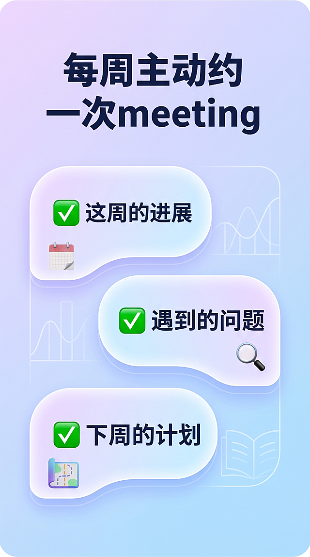 制作一张研究生论文辅导知识科普图文，排版精致，画面有质感，与上一张排版有明显区别，无水印。参考图风格为淡紫浅蓝渐变背景，圆角卡片布局，主标题："每周主动约一次meeting"，正文列出三点内容带对勾："✅ 这周的进展 ✅ 遇到的问题 ✅ 下周的计划"，所有文字清晰可辨认，整体简约高级学术风格。