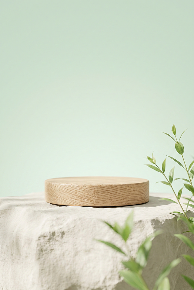8K 超高清写实 3D 渲染竖版电商主图背景，极简侘寂自然风，整体柔和清新的浅调氛围；画面中心为一块浅原木色圆形实木产品展示台，带有清晰自然的木纹肌理，放置在大型米白色哑光天然岩石台面上，岩石呈现自然粗糙的原始质感；画面右侧及前景点缀几处嫩绿色细枝绿植，枝叶清新自然，前景枝叶做虚化处理；背景为柔和渐变的浅薄荷绿纯色背景，整体采用柔和侧自然光，带有淡而自然的投影效果，轻微景深虚化突出主体展示台；画面极简干净，无多余杂乱元素，顶部预留充足留白，质感细腻真实，适配母婴 / 家居类产品主图的高级自然展示背景