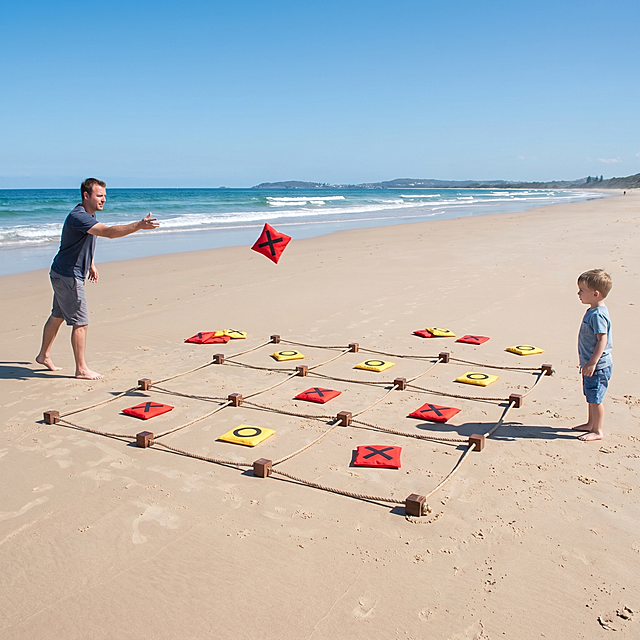 以图片中的玩井字抛掷玩具为主，调整欧美大人与小孩位置，让人物离井字游戏远一些，在海边沙滩场景