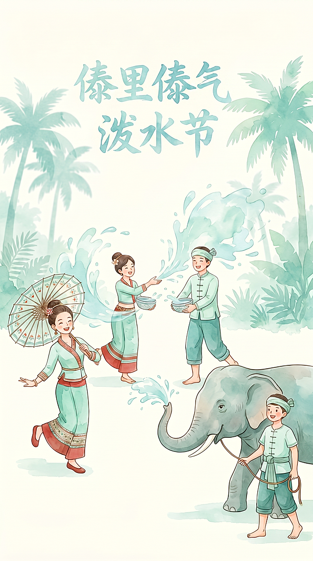竖版泼水节宣传海报，清新治愈水彩插画风格，8K超高清, 尺寸9:16。低饱和马卡龙配色，奶白/米白背景，主色调薄荷绿+青蓝，点缀暖红与棕。画面主体：左为撑伞跳舞的傣族女孩，中为两位身着傣族服饰的男女相互泼水嬉闹（无水缸），右为傣族青年牵大象喷水；人物动作自然、表情愉悦，水花呈半透明水彩晕染效果；背景为椰树与热带植物剪影，晕染处理。整体扁平化水彩插画，线条圆润柔和，边缘带自然晕染模糊，画面干净透气、留白充足。**在画面顶部居中位置添加中文标题文字**：“傣里傣气泼水节”，字体风格需融合水彩质感，颜色为青蓝色系，笔触轻盈柔和，大小适中不遮挡主体，保持画面平衡与轻松治愈氛围。