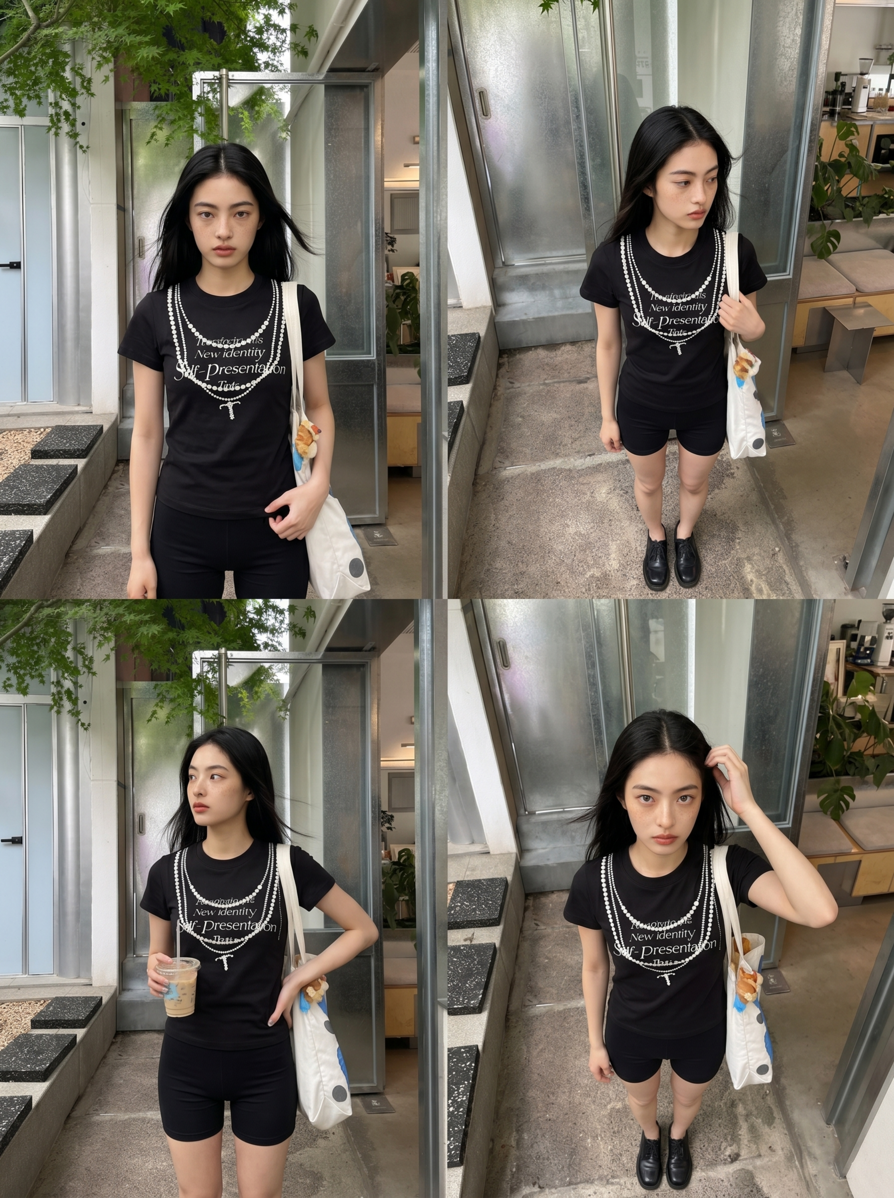 保留图一模特五官和黑色中分直发不变，模特身穿图二黑色修身短袖，… - 图片创意预览