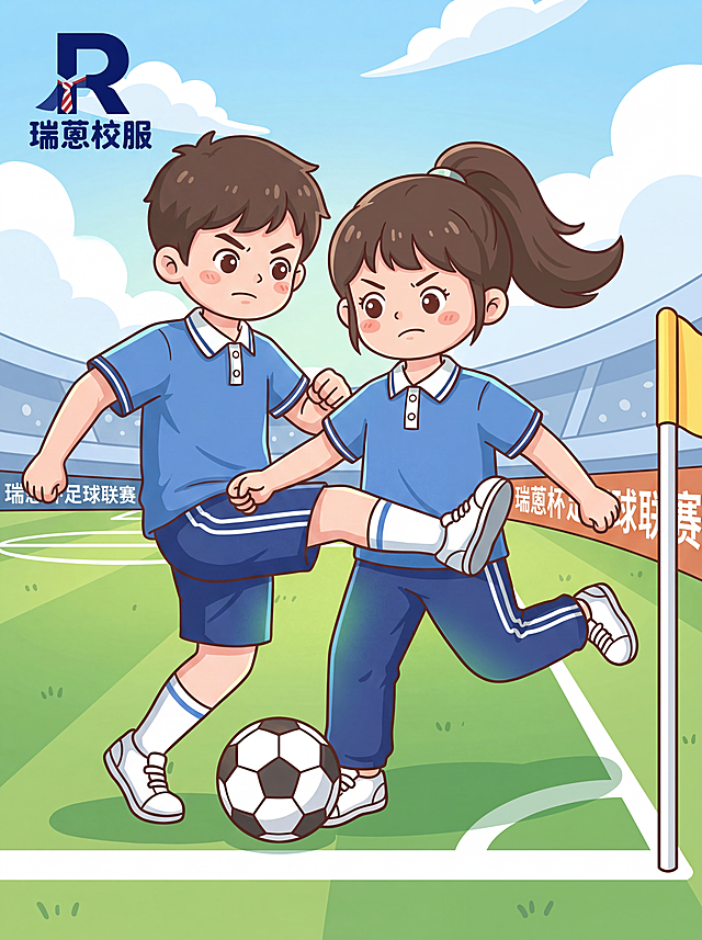 校服严格参照上传产品图（标准款：蓝色Polo衫+白色翻领与袖口条纹+深蓝短裤侧边双白条纹），完整保留所有可见组件、部件、轮廓形状、结构、比例、材质质感、颜色与上传图完全一致。
足球场角旗区两人拼抢场景，动作激烈。
清新明快蓝绿主色调。
两名穿着标准瑞蒽禅城校服的学生激烈拼抢足球，一人伸脚拦截，一人带球突破，表情专注紧张。左上角保留瑞蒽校服LOGO，场边广告牌写有"瑞蒽杯足球联赛"。
明亮午后自然光，产品受光面泛起草地绿色，暗部及边缘映射浅蓝天色光晕。
中景构图，人物全身完整入画。
高速对抗动作，身体前倾，肌肉紧绷，足球位于脚前地面。
微俯15°视角（与前两张差异化）。
语文课本插图卡通风格，线条简洁明快，平涂色彩。
突出体现瑞蒽校服采用正品索罗娜面料，保持干爽不闷汗。
所有人物头部100%完整入画，真实健康肤色。
4K分辨率。严格锁定宽高比为 3:4。