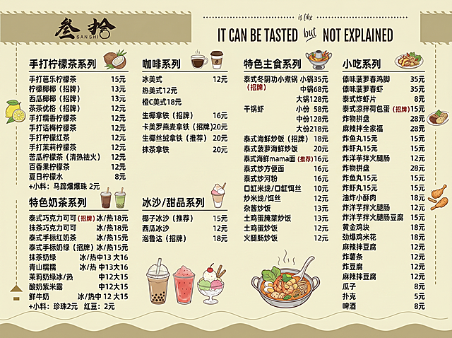 根据参考菜单模板的排版风格，重新设计泰式餐饮店菜单，整体风格保持温馨清新的浅卡其米色调，左侧标题叁拾，右上角保留英文文字“IT CAN BE TASTED but NOT EXPLAINED”，内容分为六个板块：手打柠檬茶系列、特色奶茶系列、咖啡系列、冰沙/甜品系列、特色主食系列、小吃系列，严格按照提供的菜品名称和价格排版，保持每个菜品价格对齐，风格和参考图一致，插画装饰风格一致，横向排版。详细菜品价格如下：
手打柠檬茶系列：手打芭乐柠檬茶 15元、柠檬椰椰（招牌）13元、西瓜椰椰（招牌）13元、茶茶优格（招牌）12元、手打糯香柠檬茶 12元、手打话梅柠檬茶 12元、手打柠檬红茶 12元、手打茉莉柠檬茶 12元、苦瓜柠檬茶（清热祛火）12元、百香果柠檬茶 12元、夏日柠檬水 8元、+小料：马蹄爆爆珠 2元
特色奶茶系列：泰式巧克力可可（招牌）冰/热18元、抹茶巧克力可可 冰/热18元、泰式手标红奶茶   冰/热15元、泰式手标奶绿（招牌）冰/热15元、抹茶奶绿 冰/热中13 大16、青山糯糯 冰/热 中13大16、茉莉奶绿冰/热   中12大15、酸奶紫米露   中12大15、鲜牛奶 冰/热中 12 大15、+小料：珍珠2元   红豆：2元
咖啡系列：冰美式 12元、热美式12元、橙C美式18元、生椰拿铁（招牌） 16元、卡美罗燕麦拿铁（招牌）20元、生椰丝绒拿铁（推荐）20元、抹茶拿铁
冰沙/甜品系列：椰子冰沙（推荐）  15元、西瓜冰沙   12元、泡鲁达（招牌）18元
特色主食系列：泰式冬阴功小煮锅（招牌）小锅 35元、中锅68元、大锅128元、干锅虾小份 58元、中份128元、大份218元、泰式海鲜炒饭（招牌）18元、泰式菠萝海鲜炒饭20元、泰式海鲜mama面（推荐）16元、泰式炒方便面  16元、泰式炒河粉 16元、口缸米线/口缸饵丝  10元、炒米线/饵丝   12元、杂酱炒饭13元、土鸡蛋腌菜炒饭13元、土鸡蛋炒饭     12元、火腿肠炒饭     12元
小吃系列：傣味菠萝舂鸡脚 35元、傣味菠萝舂虾 35元、泰式炸虾片  8元、泰式凉拌荷包蛋 （招牌）15元、炸物拼盘 28元、麻辣拌全家福 28元、炸鱼丸15 元、炸虾丸15元、油炸小酥肉  18元、炸洋芋拌火腿肠 12元、炸洋芋拌火腿肠豆腐 15元、黄金鸡块18元、劲爆鸡米花18元、麻辣拌豆腐12元、炸薯条  12元、炸豆腐12元、麻辣拌豆腐 12元、瓜子8元、扑克5元、啤酒 8元
