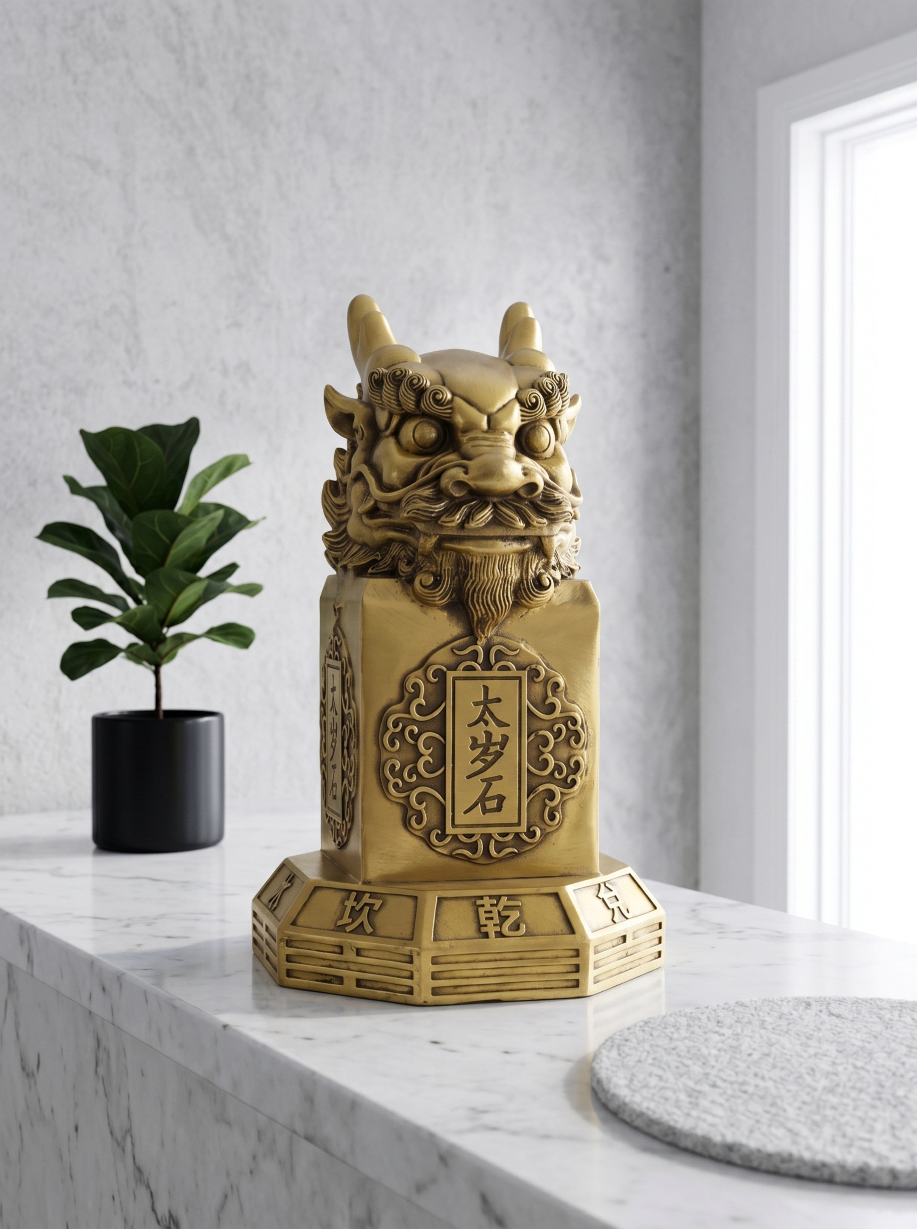 商业级产品摄影。 主体：黄铜摆件严格参照上传产品图，完整保留所… - 图片创意预览
