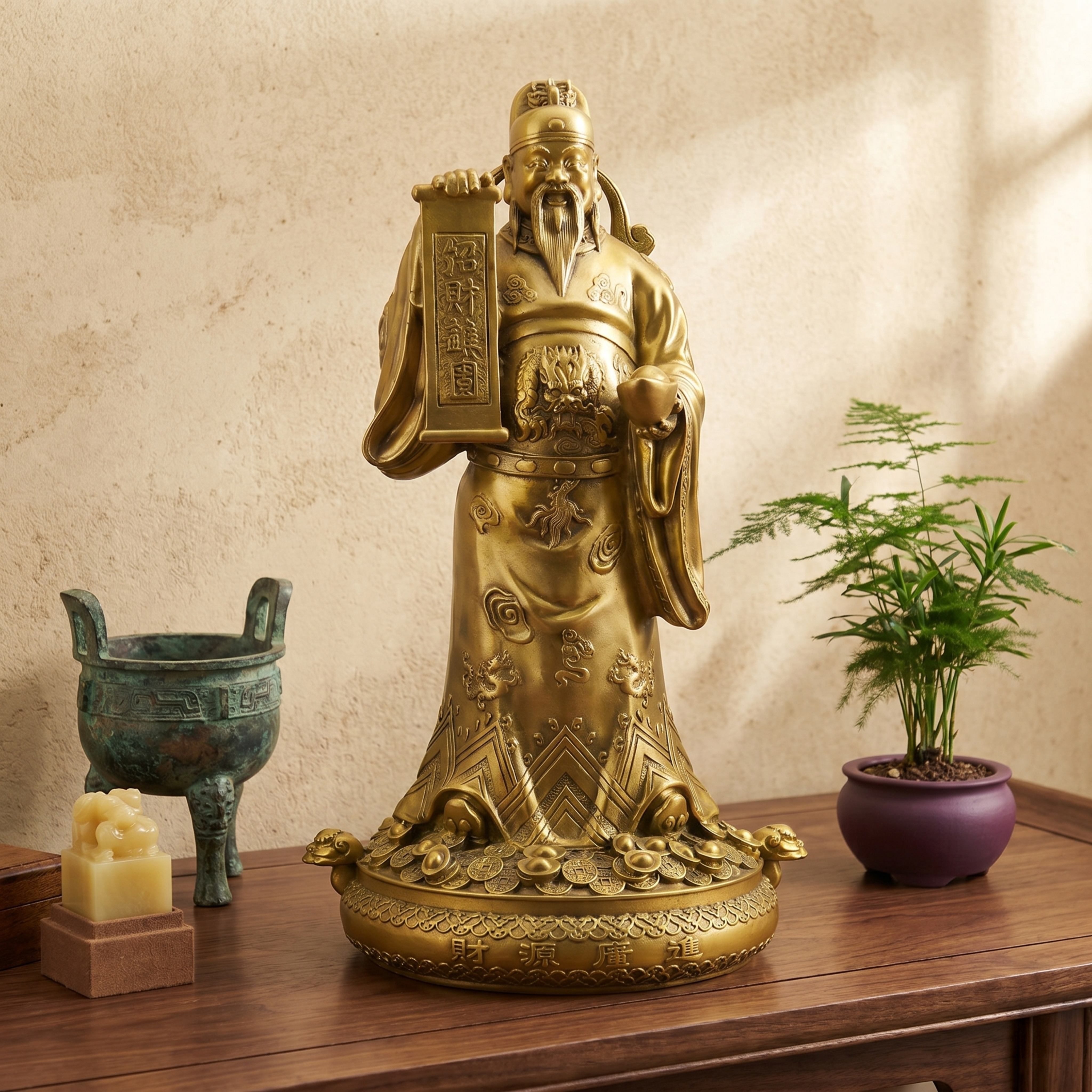 商业级产品摄影。 主体：财神摆件严格参照上传产品图，完整保留所… - 图片创意预览