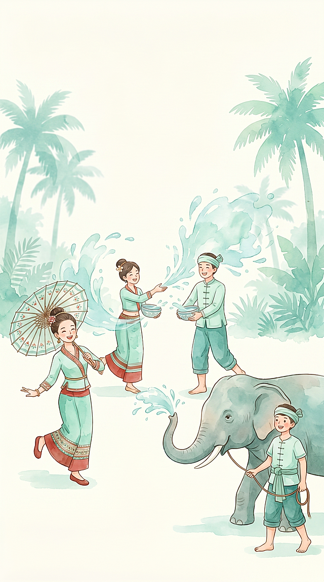 竖版泼水节宣传海报，清新治愈水彩插画风格，8K超高清, 尺寸9:16。低饱和马卡龙配色，奶白/米白背景，主色调薄荷绿+青蓝，点缀暖红与棕。画面主体：左为撑伞跳舞的傣族女孩，中为两位身着傣族服饰的男女相互泼水嬉闹（无水缸），右为傣族青年牵大象喷水；人物动作自然、表情愉悦, 水花呈半透明水彩晕染效果；背景为椰树与热带植物剪影，晕染处理。整体扁平化水彩插画，线条圆润柔和，边缘带自然晕染模糊，画面干净透气、留白充足，无杂物、无水印、**无任何文字**。请严格去除图中所有傣文文字。
