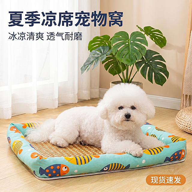 将图中的宠物垫布料替换为第二张图的图案和纹理，其他所有元素（白色比熊犬、背景绿植、白色窗帘、木地板、文字内容）全部保持不变，自然融合光影和透视效果