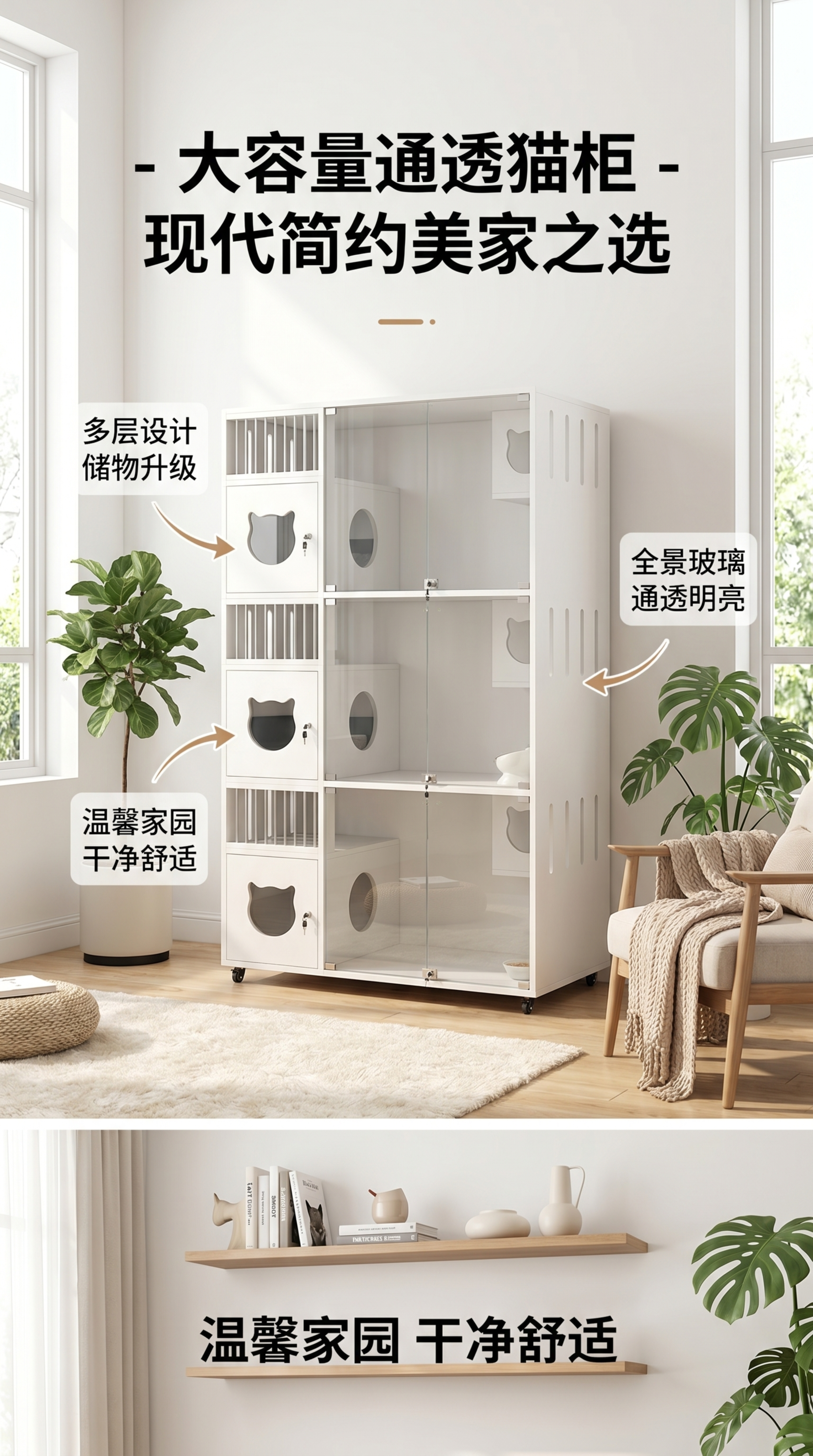 为这款白色带玻璃门的多层猫柜制作电商详情页展示图，保留原猫柜设… - 图片创意预览