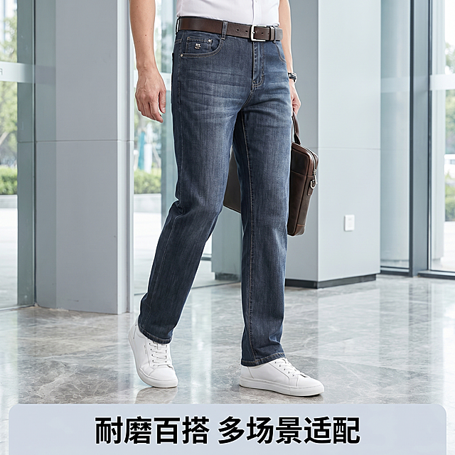[主图 5] 皮尔卡丹牛仔裤日常通勤场景穿搭展示，突出百搭属性。[氛围风格] 商务休闲，日常通勤场景，自然高级，和整套主图风格统一；[画质] 商业摄影质感，光线自然通透，产品清晰真实，4K超清分辨率。[元素] 同一位亚洲中年男模特，穿搭牛仔裤搭配白色休闲板鞋，在简约写字楼大堂入口场景自然行走，展现牛仔裤日常通勤多场景百搭特质。保持牛仔裤颜色、材质、版型与输入产品图完全一致，杜绝变形色差。牛仔裤为画面绝对主体，场景简洁不抢镜。[光影] 自然光感，柔和明亮，通透自然。[配色] 整体保持沉稳商务配色，浅灰色建筑背景衬托主体。[视角构图] 平视拍摄，腰部到脚部完整取景，人物自然行走动态，构图舒展。[文字版式] 底部浅色半透条标注“耐磨百搭 多场景适配”，文字清晰不遮挡主体。[比例分辨率] 1:1比例，4K分辨率，超高清画质。[负向提示词] 变形，水印，文字错乱，产品模糊，背景杂乱，色差，换人换脸，违规内容