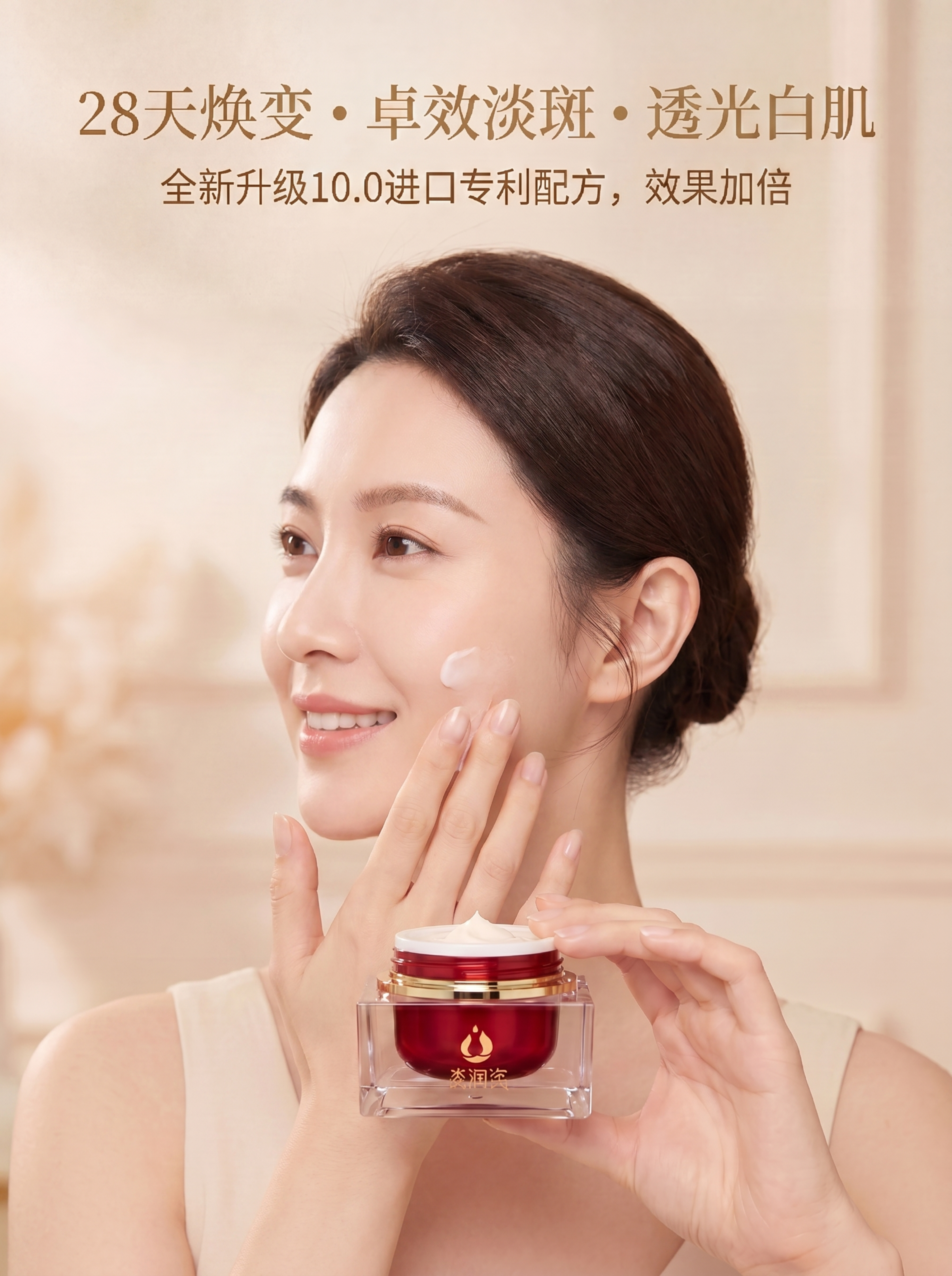 修改这张面霜海报：将女士调整为侧脸朝向画面一侧，缩小人物在画面… - 图片创意预览