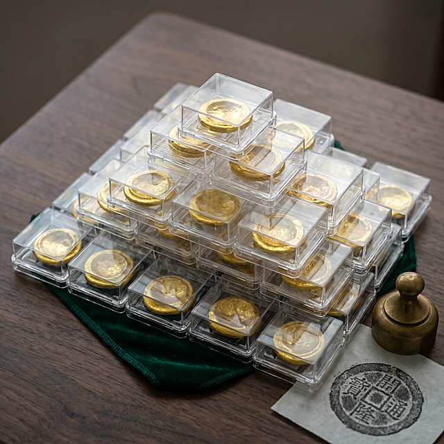 多块金饼依然整齐堆成金字塔造型，每个金饼都放在独立透明塑料盒中，整体摆放在深胡桃木哑光桌面上，桌面铺一小块墨绿色丝绒衬垫，可搭配1支黄铜镇尺和1张旧钱币拓片做点缀。侧前方柔光拍摄，模拟窗边自然光，突出金饼表面锤纹肌理，45度斜角拍摄，背景适当虚化，突出金饼主体，避免玻璃盒反光白斑，商业摄影，高级质感，构图均衡，比例1:1