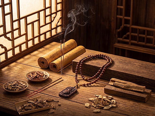 保持原图东方古法制香场景：中式窗棂、线香袅袅、原木桌、书卷、合香牌手串与草本药材等元素不变，仅调整画面比例为4:3，构图协调，保留暖金色氛围光与高级暗调质感，高清商业级画质