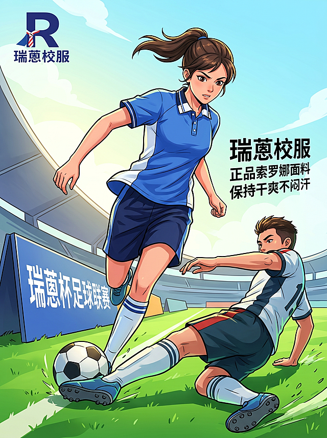 校服严格参照上传产品图，完整保留所有可见组件、部件、轮廓形状、结构、比例、材质质感、颜色与上传图完全一致，杜绝任何变形、色差、组件缺失、结构偏差。
足球场边路突破场景，动作激烈。
清新明快蓝绿主色调。
一名穿着瑞蒽禅城校服的球员边路加速带球突破，防守球员上前拦截，双方身体对抗，动感强烈。场边广告牌带有"瑞蒽杯足球联赛"字样。左上角保留瑞蒽校服LOGO，突出体现瑞蒽校服采用正品索罗娜面料，保持干爽不闷汗的优点。
明亮午后自然光，产品受光面泛起草地绿色，暗部及边缘映射浅蓝天色的环境光晕，与环境物理融合。
全景构图，人物完整入画。
高速突破加速动作，带球奔跑，球衣被风吹起，充满速度感。
斜侧仰视视角。
语文课本插图卡通风格，线条简洁明快，平涂色彩。
所有人物头部100%完整入画，比例协调。
4K分辨率。严格锁定宽高比为 3:4。