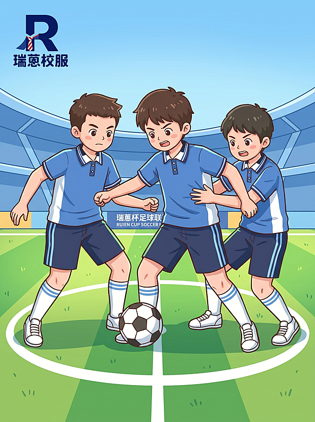 校服严格参照上传产品图，完整保留所有可见组件、部件、轮廓形状、结构、比例、材质质感、颜色与上传图完全一致，杜绝任何变形、色差、组件缺失、结构偏差。
足球场中场对抗场景，动作激烈。
清新明快蓝绿主色调。
三名穿着瑞蒽禅城校服的球员在中场展开拼抢对抗，一人控球两人围抢，身体接触，动作张力十足。中圈广告牌带有"瑞蒽杯足球联赛"字样。左上角保留瑞蒽校服LOGO，突出体现瑞蒽校服采用正品索罗娜面料，保持干爽不闷汗的优点。
明亮午后自然光，产品受光面泛起草地绿色，暗部及边缘映射浅蓝天色的环境光晕，与环境物理融合。
全景构图，人物完整入画。
近距离对抗拼抢动作，局势紧张激烈，充满动感。
微俯视角。
语文课本插图卡通风格，线条简洁明快，平涂色彩。
所有人物头部100%完整入画，比例协调。
4K分辨率。严格锁定宽高比为 3:4。