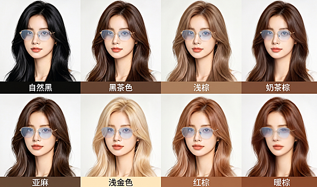 请在这张图片中给8位模特每人都戴上图三的无框金色细框眼镜，眼镜镜片修改为图二的天空蓝色，其他所有细节（发色名称、背景、人物发型、位置和布局）保持原样不变