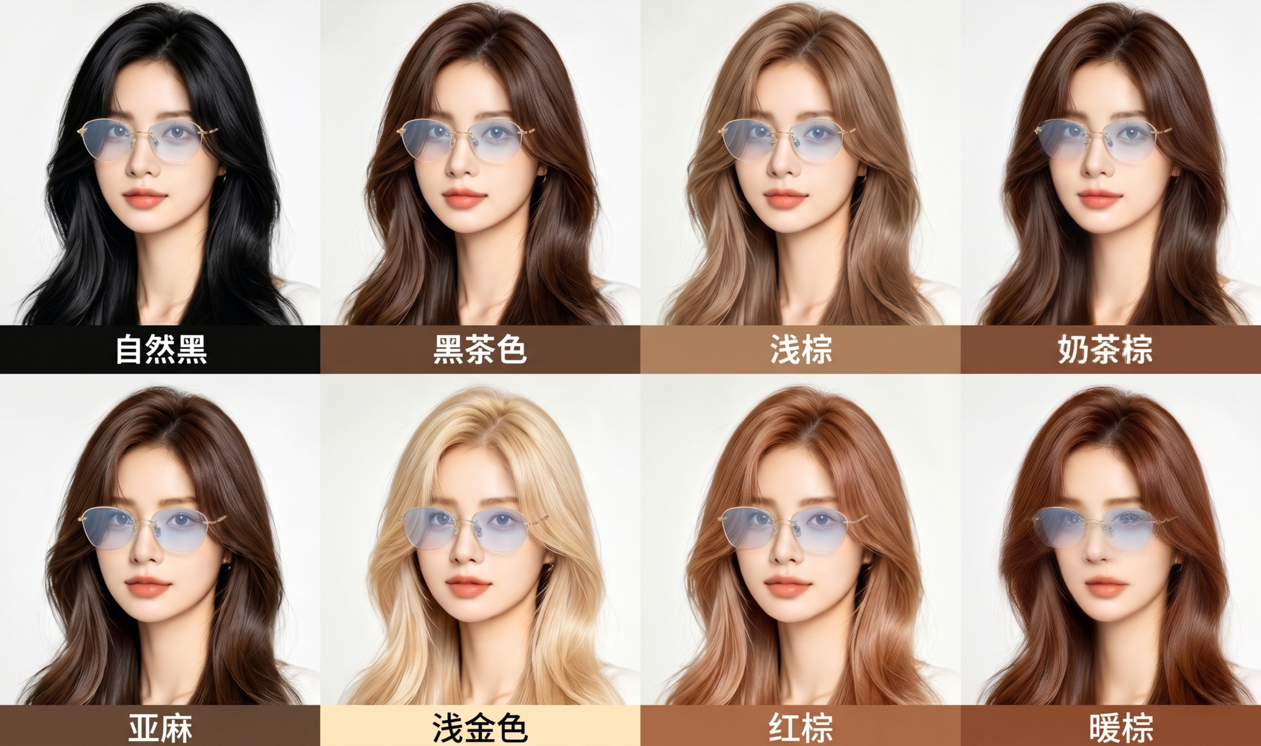 请在这张图片中给8位模特每人都戴上图三的无框金色细框眼镜，眼镜… - 图片创意预览
