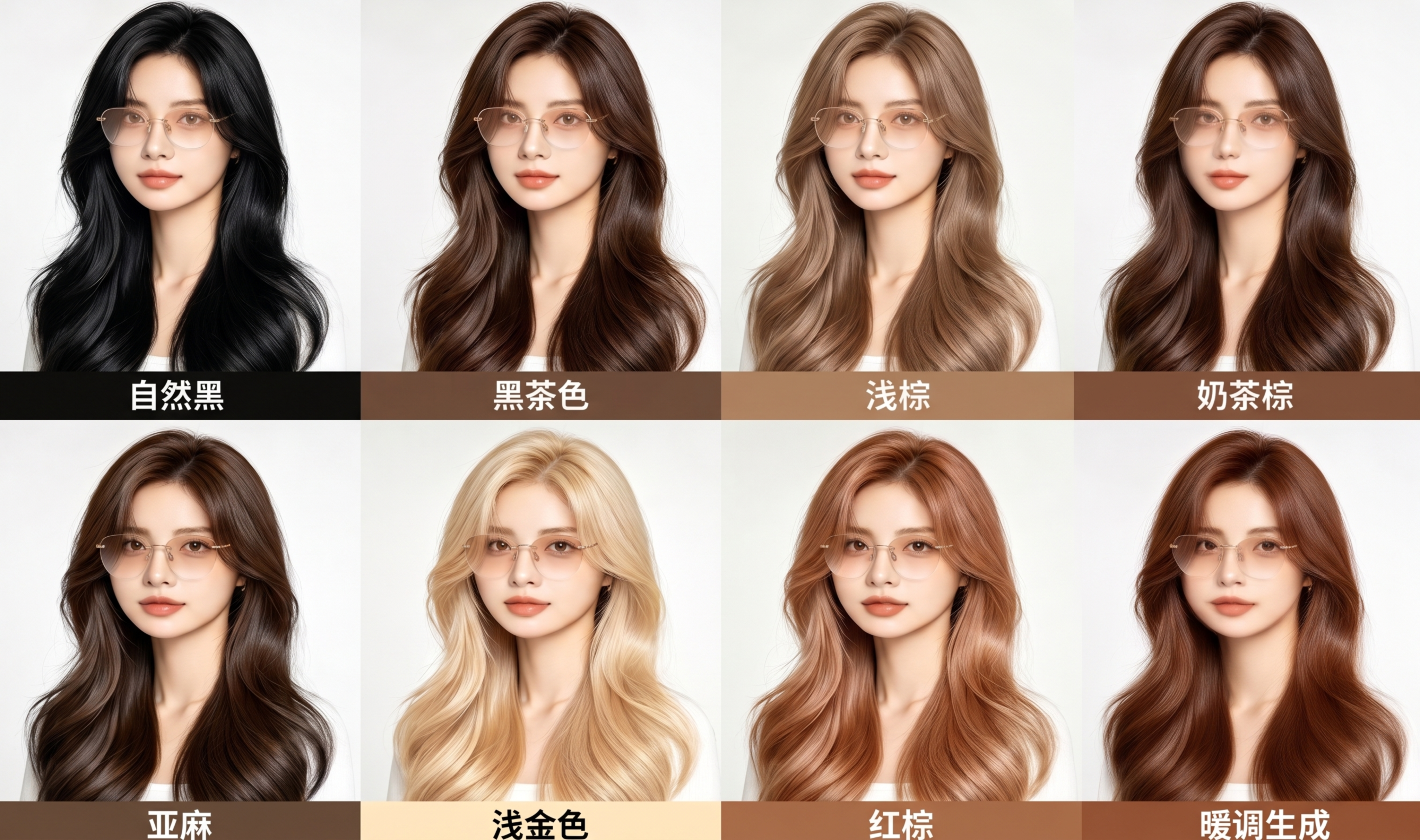 请在这张图片中给8位模特每人都戴上图三的无框金色细框眼镜，眼镜… - 图片创意预览